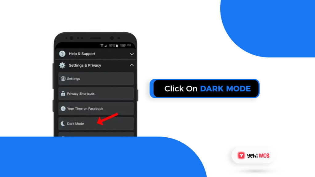 click on dark mode android mobile facebook yehiweb