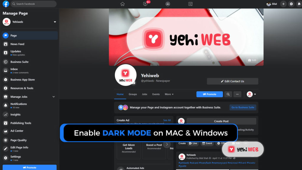 enable dark mode on mac and windows browser facebook yehiweb