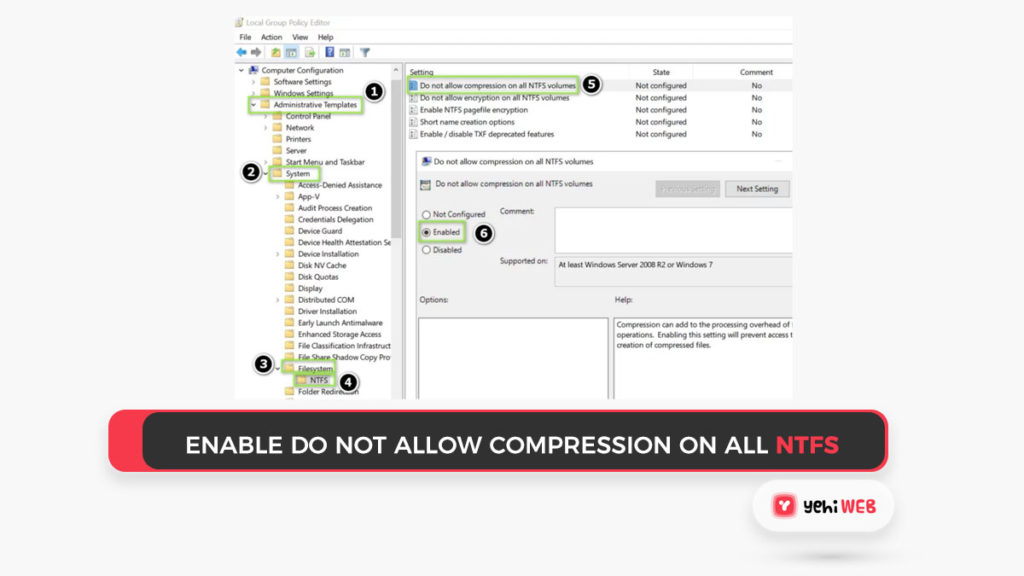 Enable Do Not Allow Compression on All NTFS Volumes in the Group Policy Editor Yehiweb