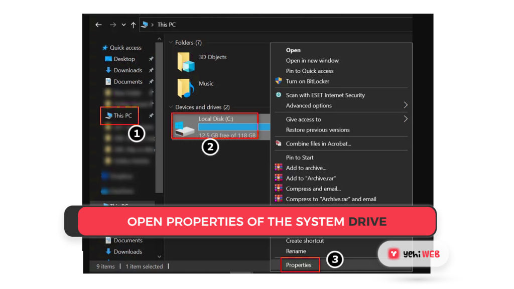 Open Properties of the System Drive Yehiweb