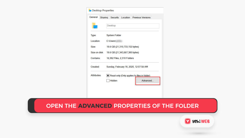 Open the Advanced Properties of the Folder Yehiweb