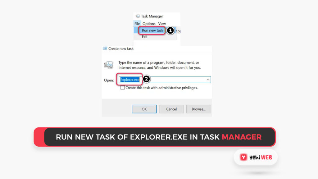 Run New Task of Explorer.exe in the Task Manager Yehiweb