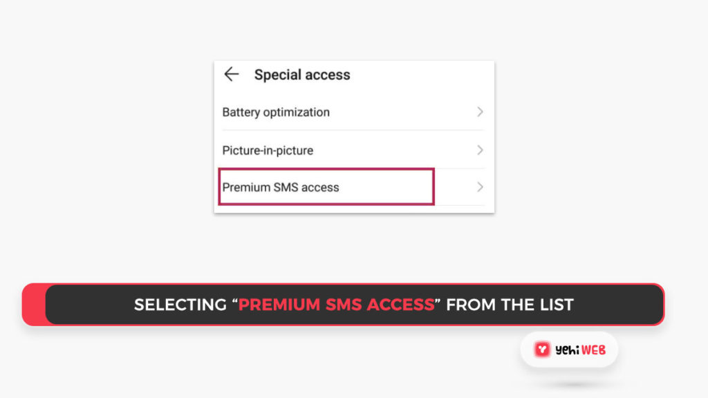 Selecting “premium sms access” from the list Yehiweb