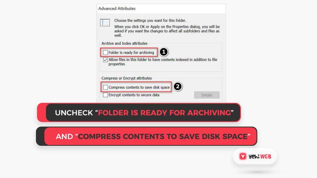 Uncheck “Folder is Ready for Archiving” and “Compress Contents to Save Disk Space Yehiweb