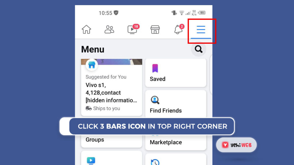clic on 3 bars icon in top right corner facebook yehiweb