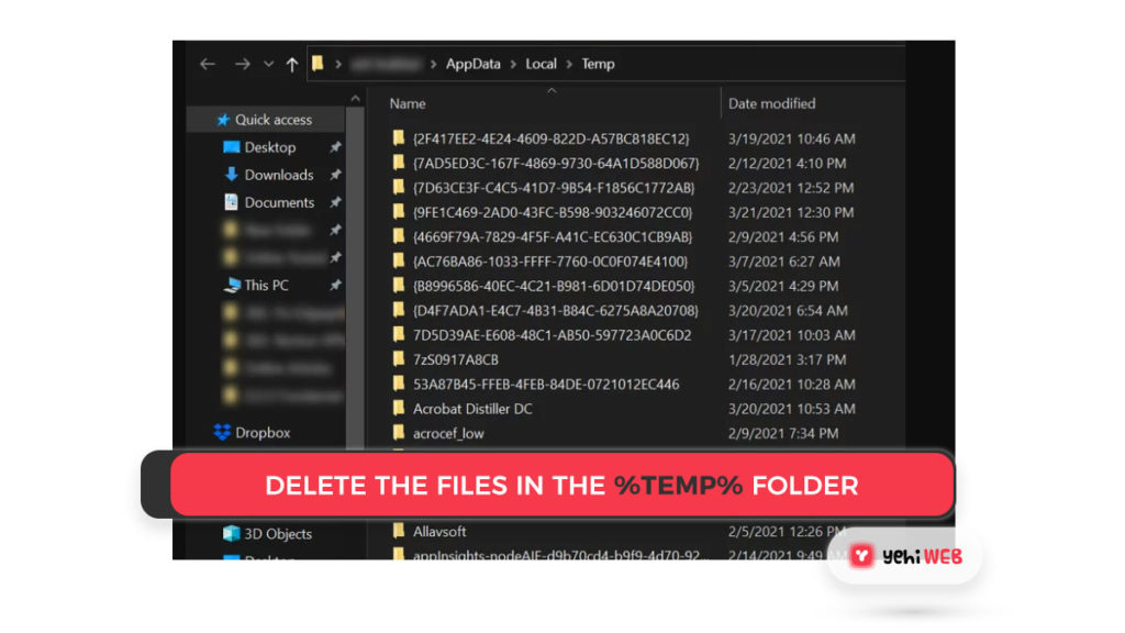 delete the files in the temp folder yehiweb