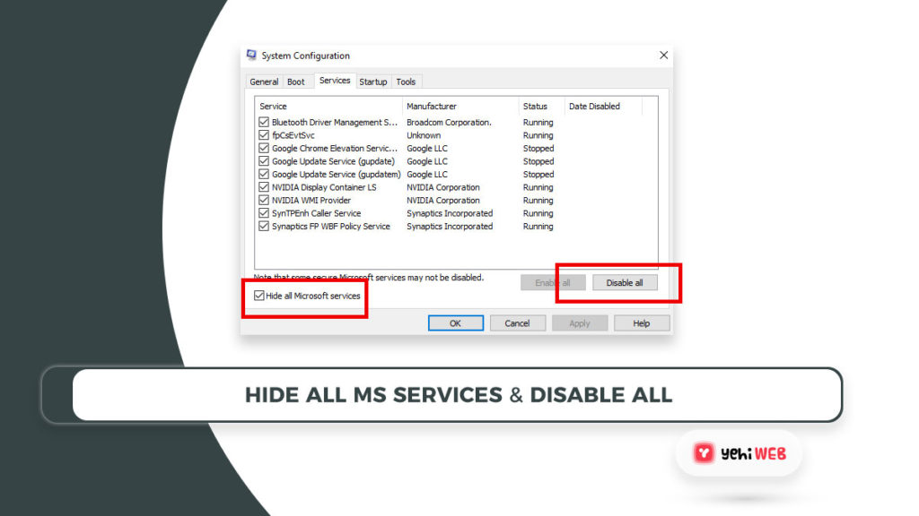 hide all microsoft services and disable them yehiweb