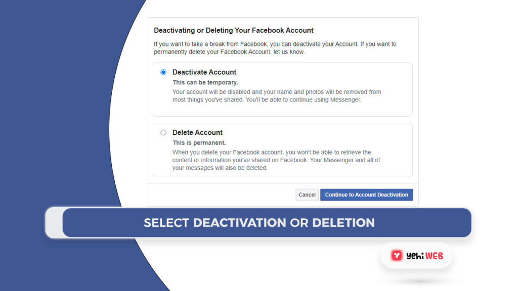 select deactivation or deletion facebook yehiweb