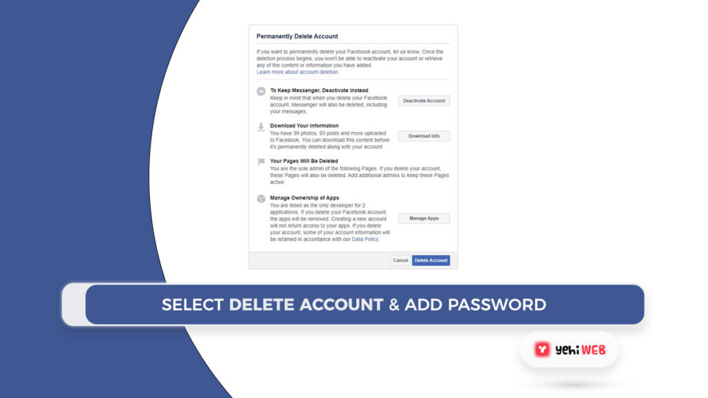 select delete account and add password facebook yehiweb