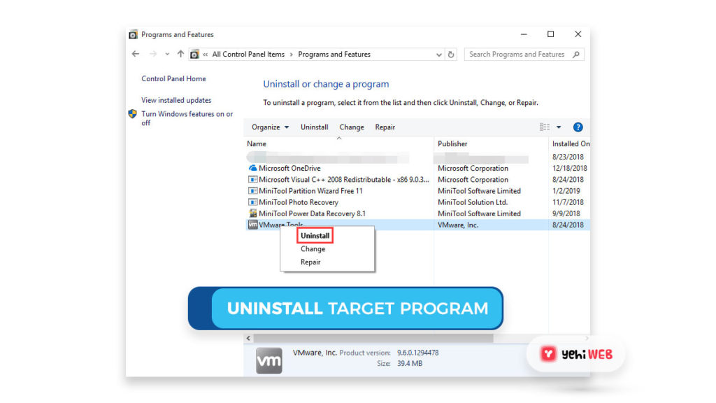 uninstall target program Yehiweb