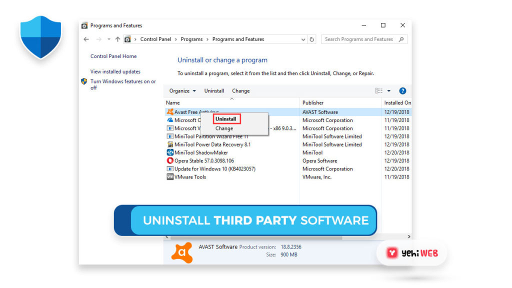 uninstall third party software yehiweb