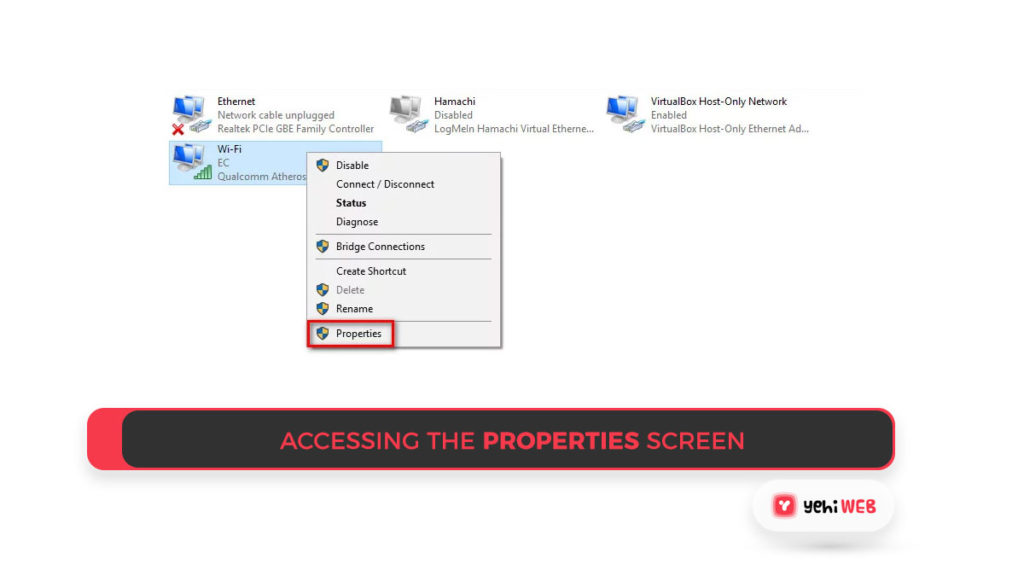 Accessing the Properties screen Yehiweb