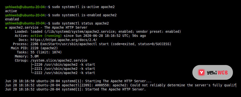 Check Apache Service in Ubuntu 20.04 Yehiweb