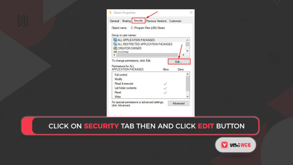 Click on Security tab then and click Edit button Yehiweb