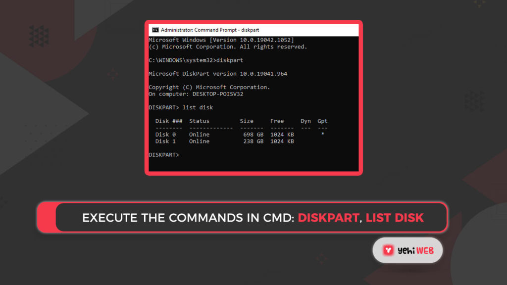 Execute the commands in CMD Diskpart List Disk Yehiweb