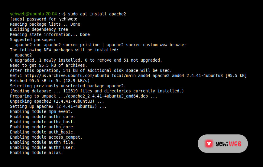 Install Apache on Ubuntu 20 04 yehiweb