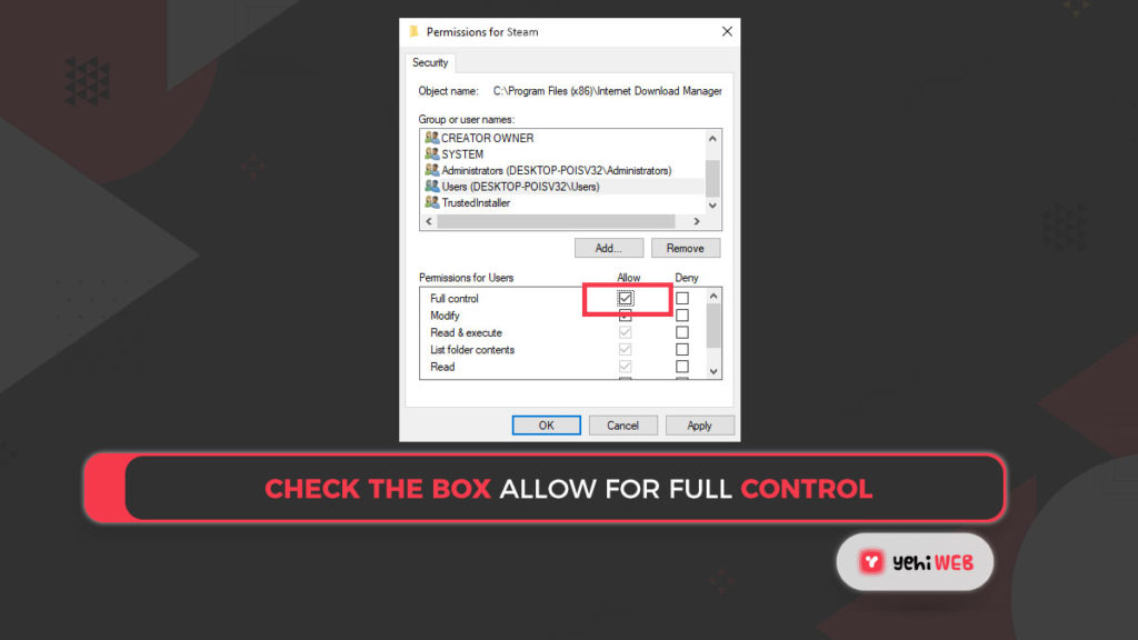 check box Allow for Full Control Yehiweb