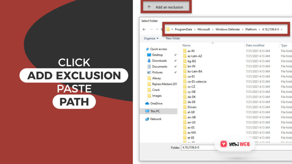 click add exclusion paste path yehiweb