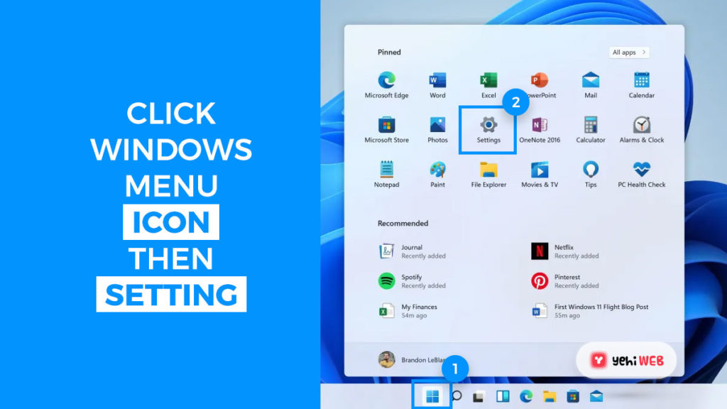 click windows menu icon then setting yehiweb