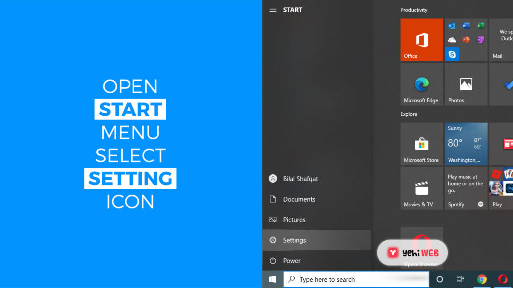 open start menu select setting app yehiweb