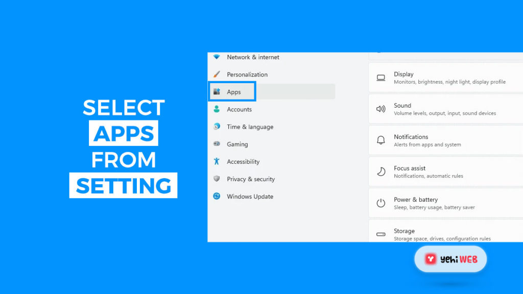 select apps from setting yehiweb