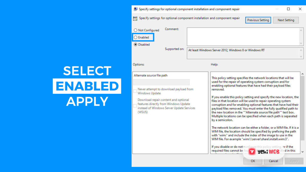 select enabled and apply yehiweb