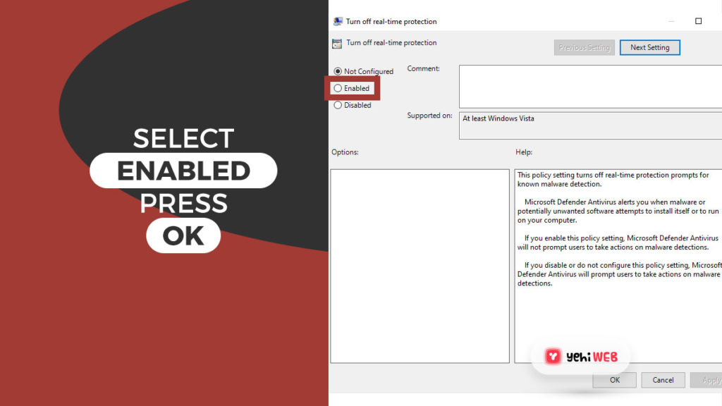 select enabled and press ok yehiweb