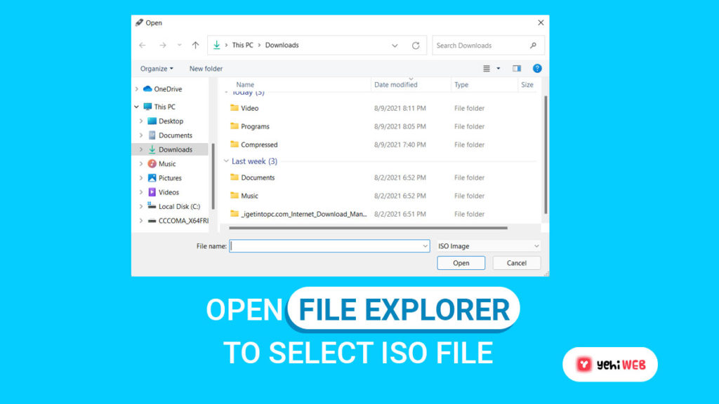 open file explorer to open iso file yehiweb