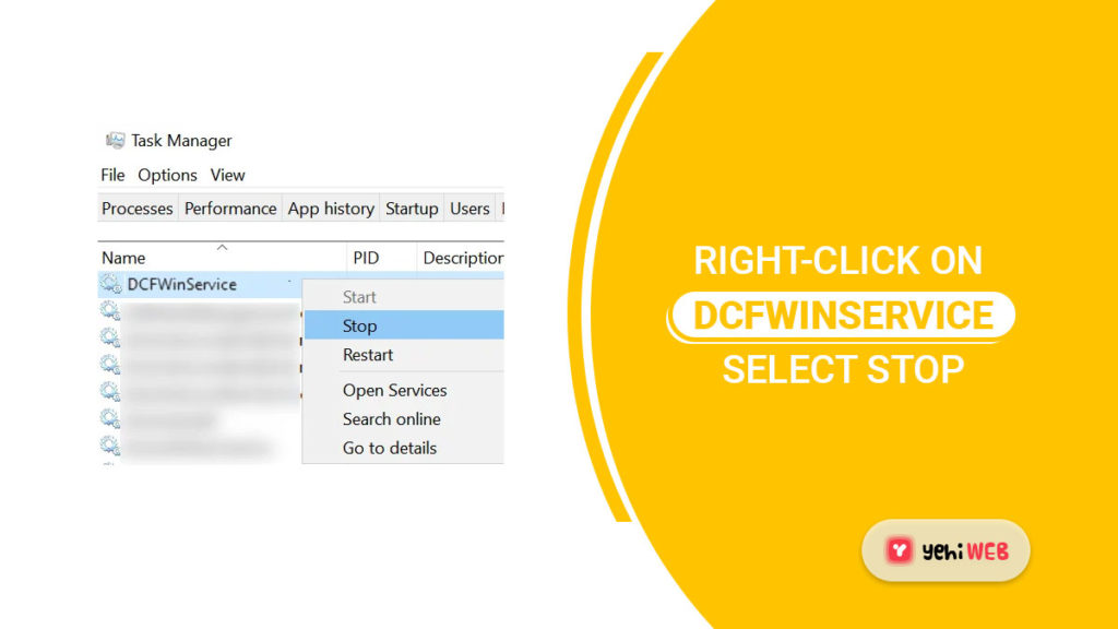 right click on dcfwinservice select stop yehiweb