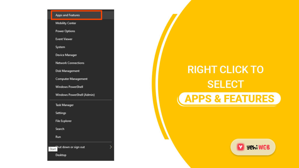 right click to select apps n features yehiweb