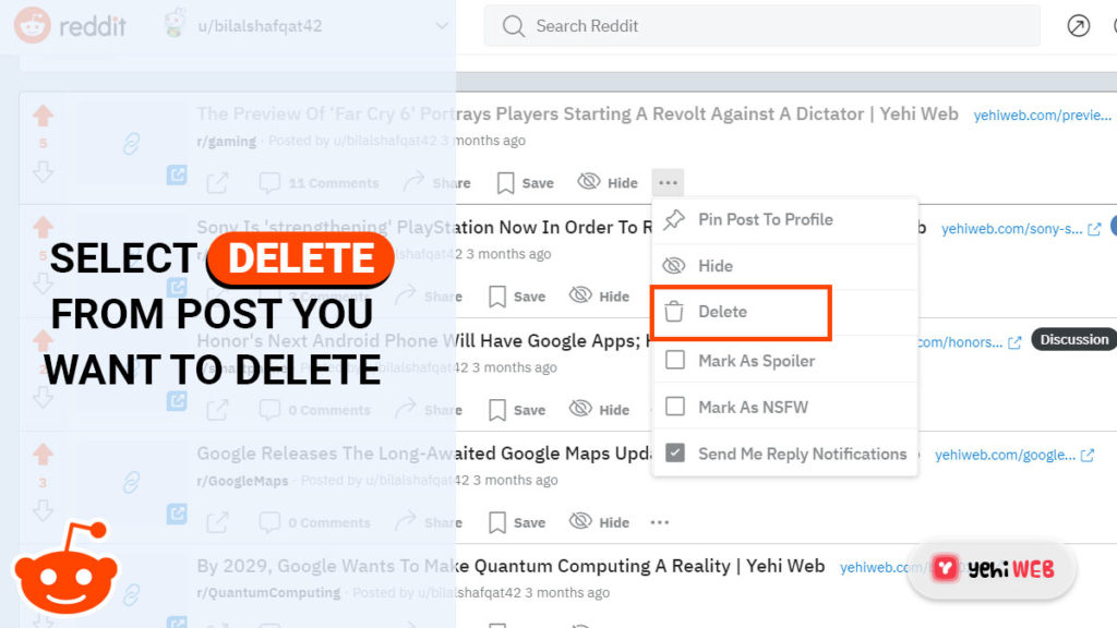 select delete from post you want to delete yehiweb