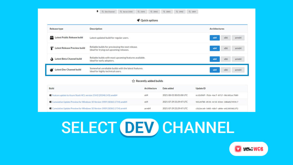 select dev channel yehiweb