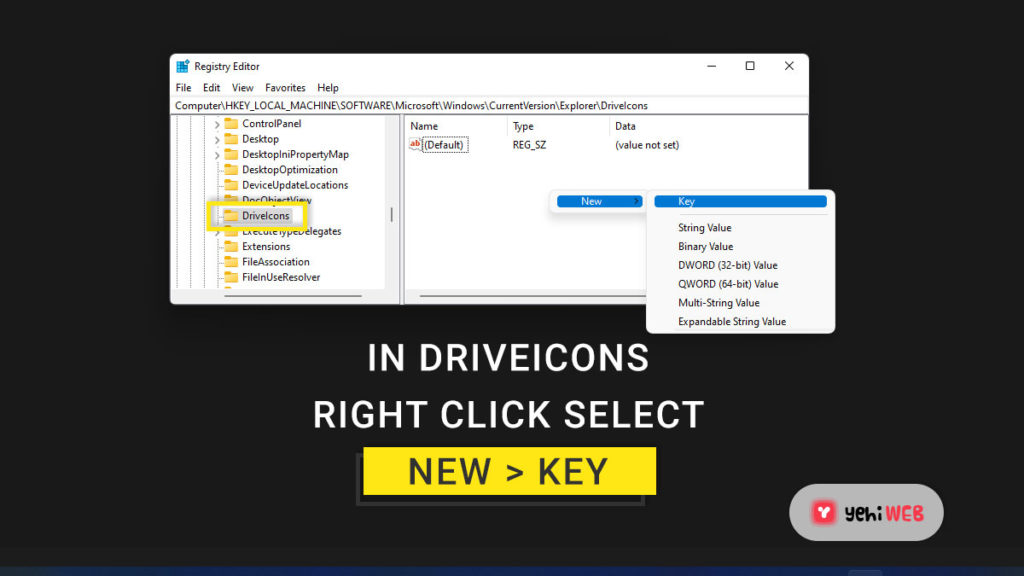 in driveicons right click select new key yehiweb