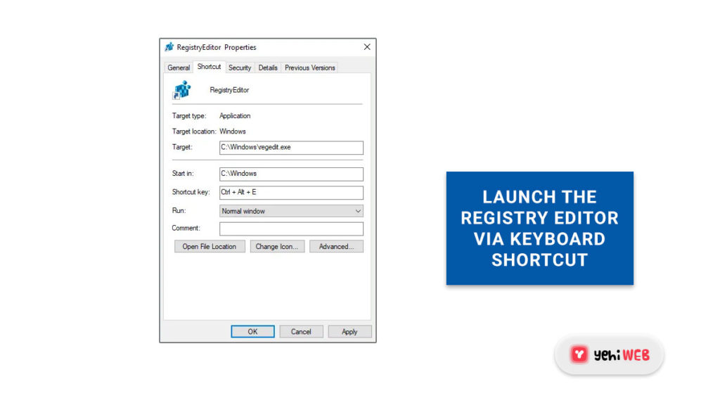 launch the registry editor via keyboard shortcut yehiweb