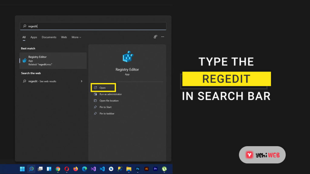 type regedit in search bar yehiweb