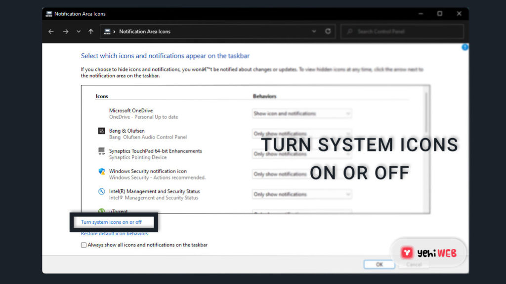 Turn system icons on or off yehiweb