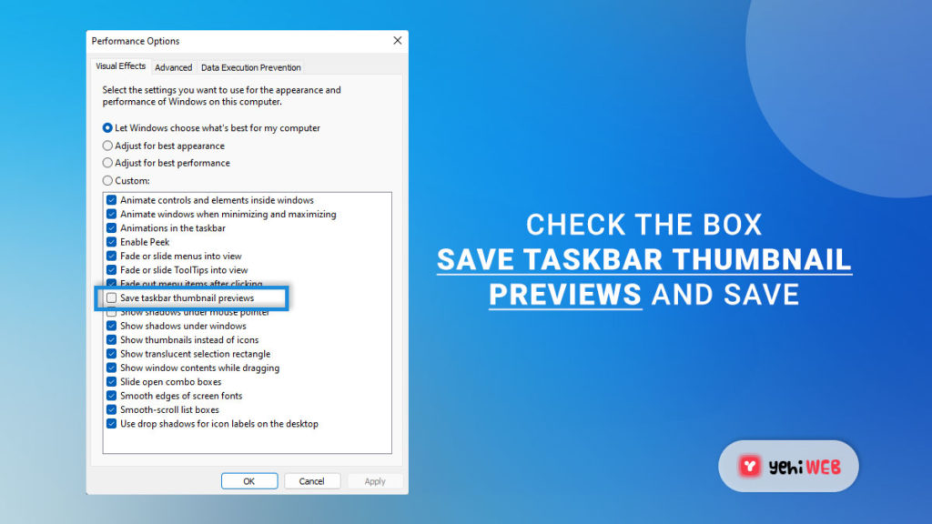 check the box save taskbar thumbnail previews yehiweb