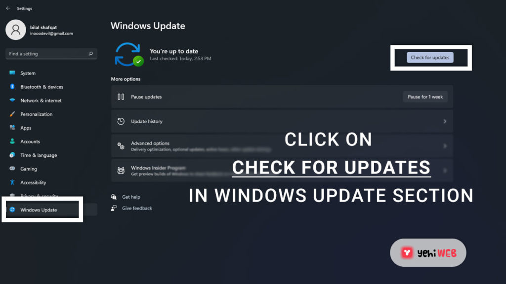click on check for updates in windows update section yehiweb