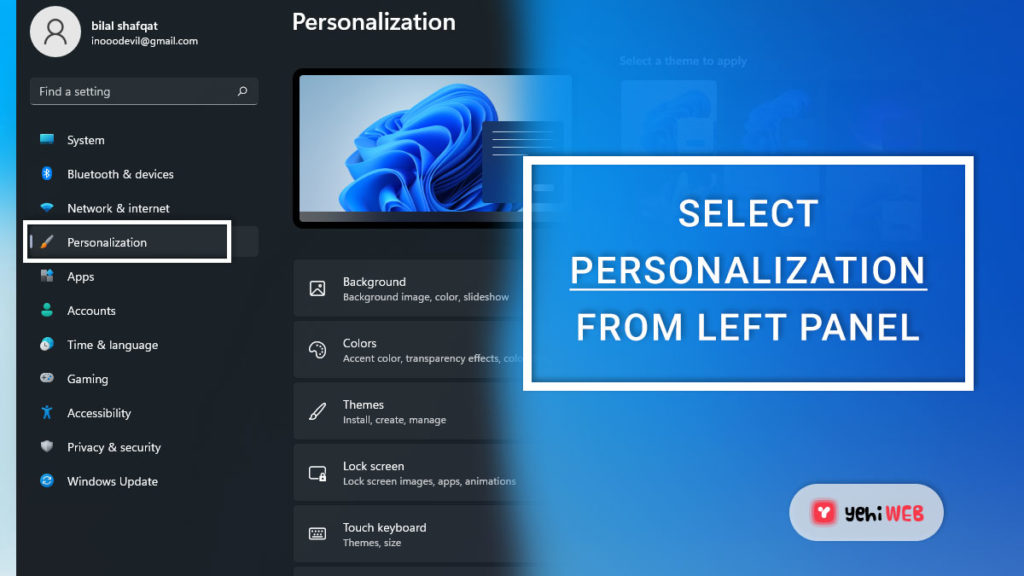 select personalization from left panel yehiweb