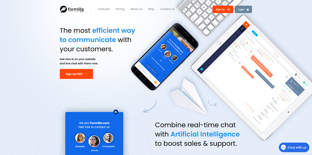 Formilla Live Chat landing page