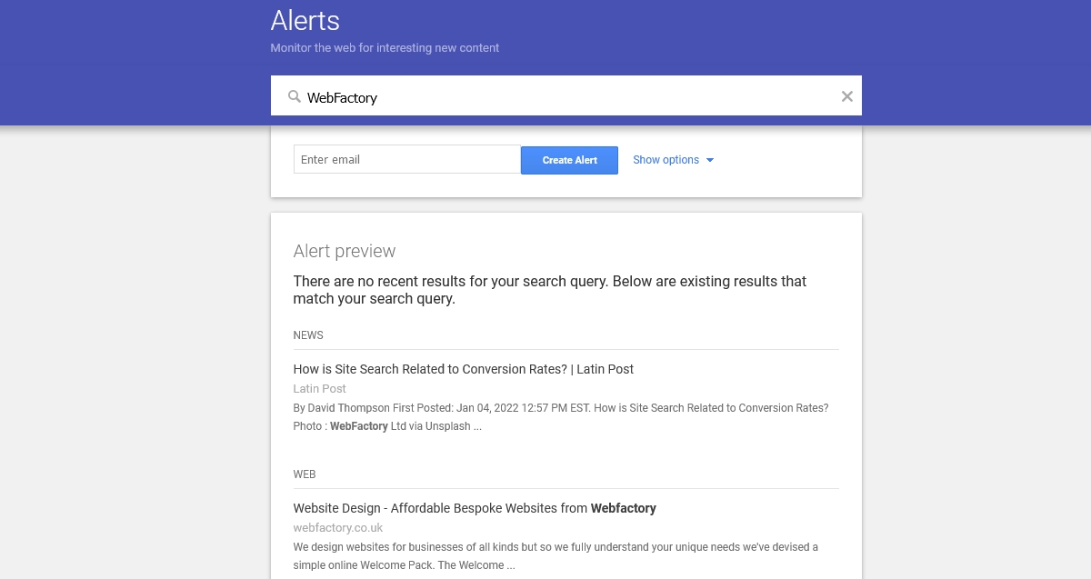 Google Alerts Tool Landing Page