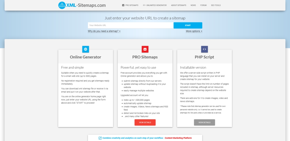 XML-Sitemaps.com Tool Landing Page